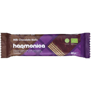 WAFELEK Z SAMOPSZY Z KREMEM MLECZNO - KAKAOWYM W POLEWIE Z MLECZNEJ CZEKOLADY Z PROBIOTYKAMI BIO 40 g - HARMONICA