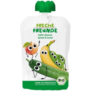 MUS JABŁKO - BANAN - SZPINAK - OGÓREK BEZ DODATKU CUKRÓW BEZGLUTENOWY OD 6 MIESIĄCA BIO 100 g - FRECHE FREUNDE