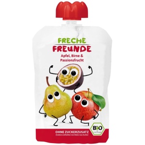 MUS JABŁKO - GRUSZKA - MARAKUJA BEZ DODATKU CUKRÓW BEZGLUTENOWY OD 6 MIESIĄCA BIO 100 g - FRECHE FREUNDE