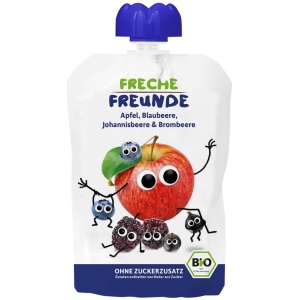 MUS JABŁKO - JAGODA - CZARNA PORZECZKA - JEŻYNA BEZ DODATKU CUKRÓW BEZGLUTENOWY OD 6 MIESIĄCA BIO 100 g - FRECHE FREUNDE