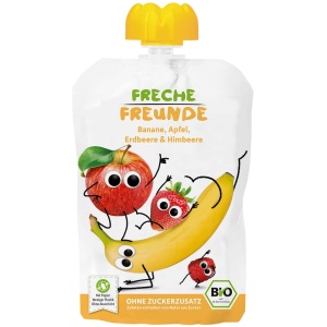 MUS BANAN - JABŁKO - TRUSKAWKA - MALINA BEZ DODATKU CUKRÓW BEZGLUTENOWY OD 6 MIESIĄCA BIO 100 g - FRECHE FREUNDE