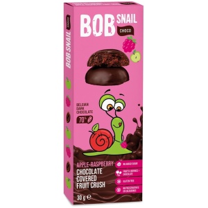 PRZEKĄSKA CHOCO JABŁKO - MALINA W CIEMNEJ CZEKOLADZIE BELGIJSKIEJ BEZ DODATKU CUKRU BEZGLUTENOWA 30 g - BOB SNAIL