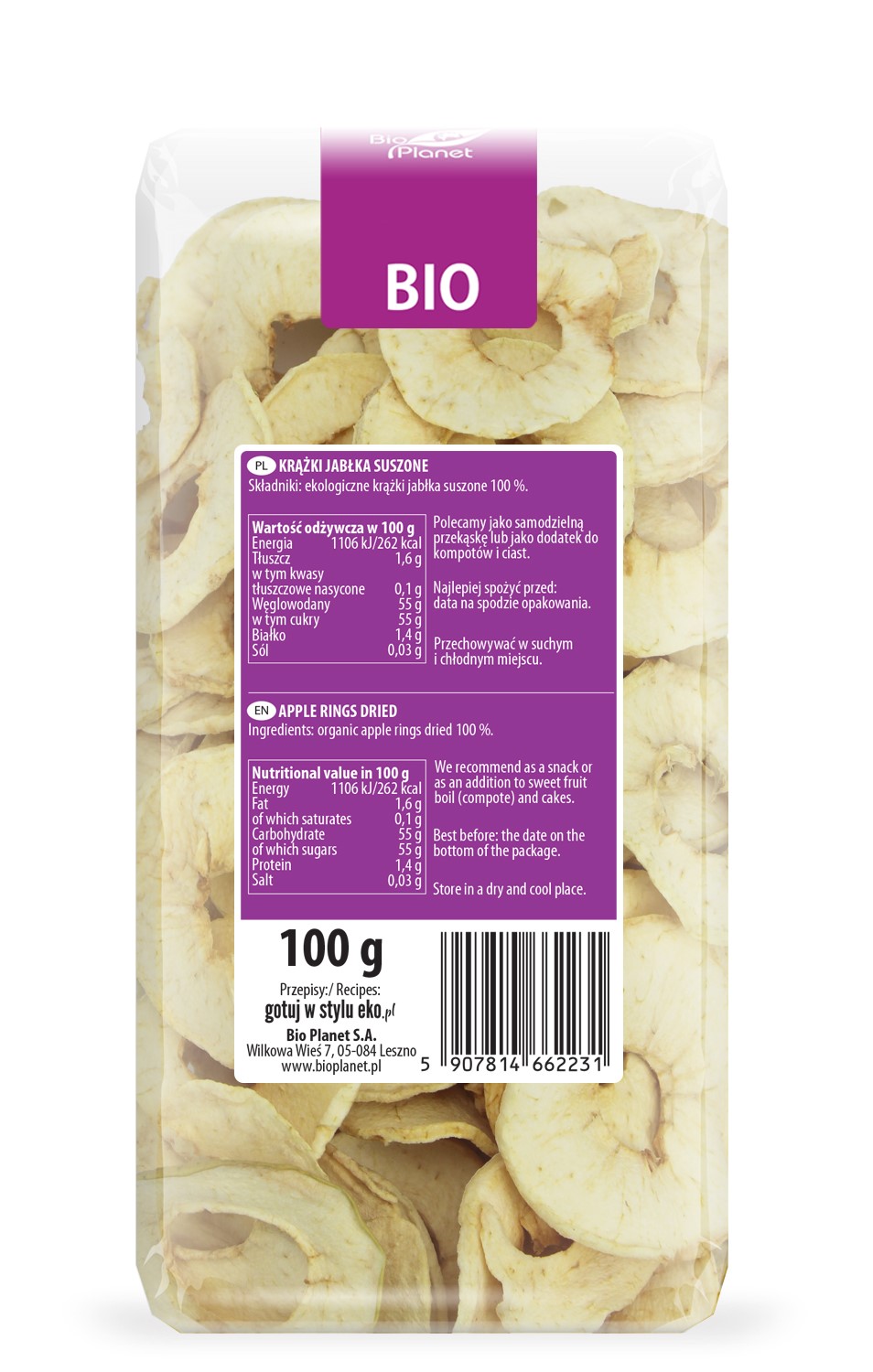 KRĄŻKI JABŁKA SUSZONE BEZGLUTENOWE BIO 100 g - BIO PLANET - obrazek 2
