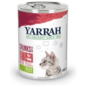 (DLA KOTA DOROSŁEGO) KAWAŁKI KURCZAKA I WOŁOWINY Z POMIDOREM I POKRZYWĄ BIO 405 g - YARRAH