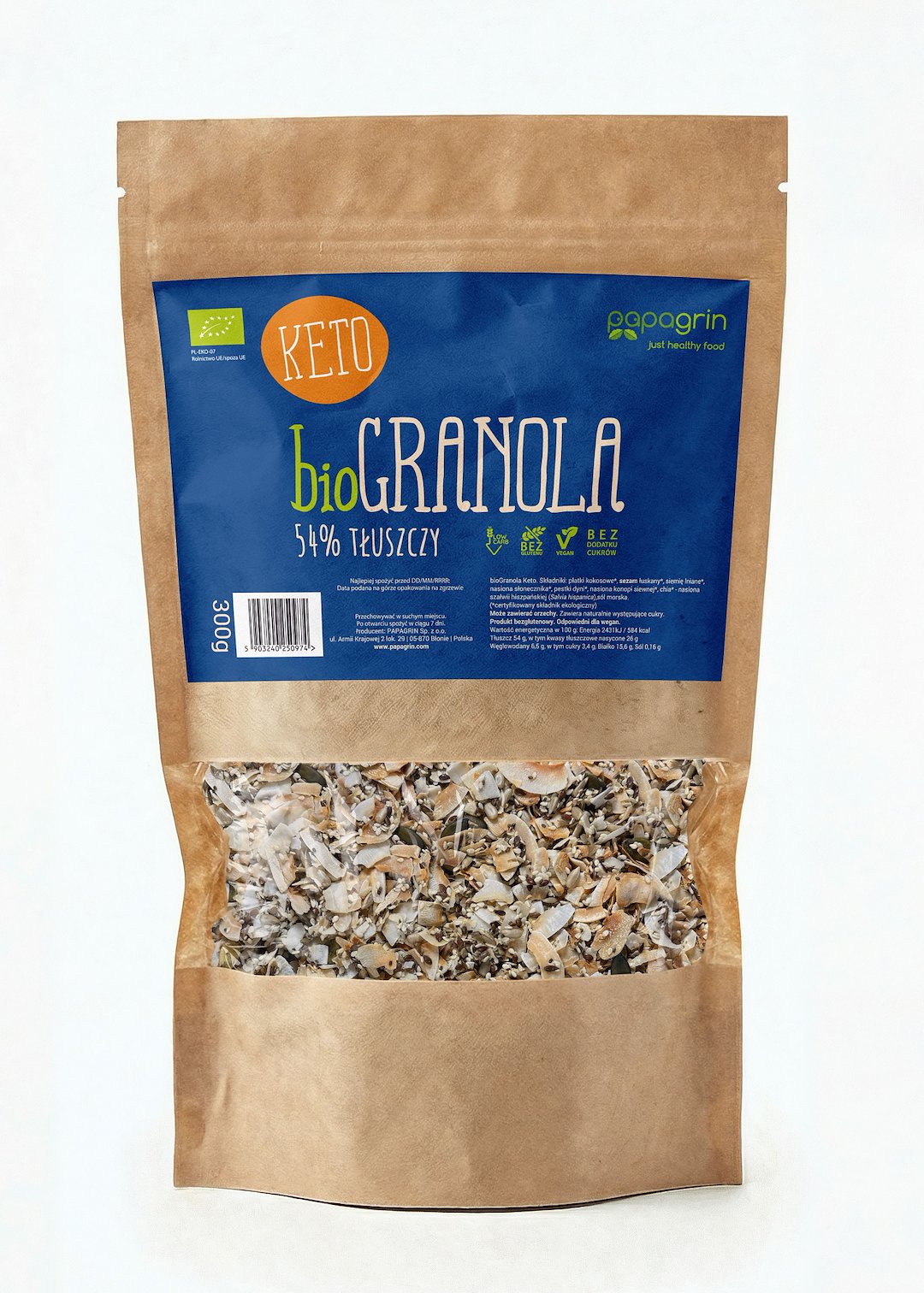 GRANOLA BEZ DODATKU CUKRÓW KETO BIO 300 g - PAPAGRIN