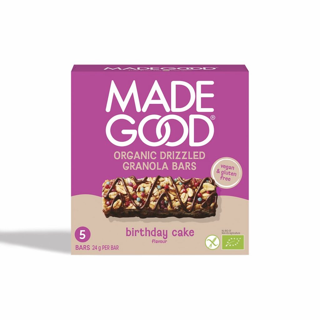 BATONY GRANOLA CRUNCHY SMAK TORT URODZINOWY W POLEWIE CZEKOLADOWEJ BEZGLUTENOWE BIO (5 x 24 g) 120 g - MADEGOOD