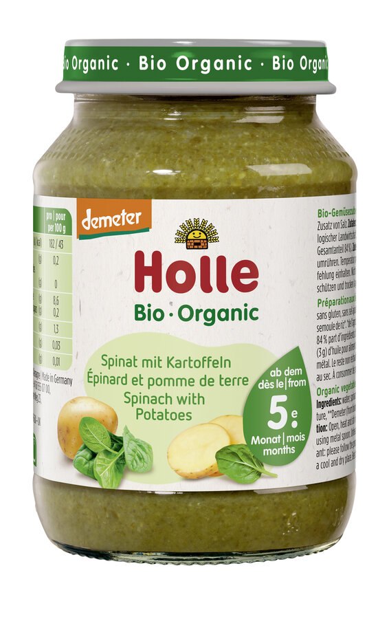 SZPINAK Z ZIEMNIAKIEM BEZ DODATKU CUKRÓW BEZGLUTENOWY OD 5 MIESIĄCA DEMETER BIO 190 g (SŁOIK) - HOLLE