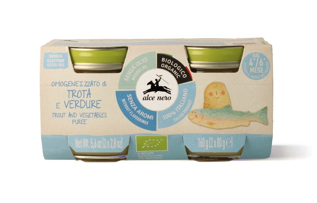 PSTRĄG Z WARZYWAMI BEZGLUTENOWY OD 4 MIESIĄCA BIO (2 x 80 g) 160 g - ALCE NERO