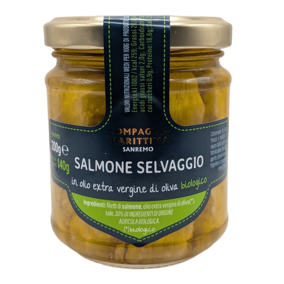 ŁOSOŚ ATLANTYCKI FILETY W BIO OLIWIE Z OLIWEK EXTRA VIRGIN 200 g (SŁOIK) - COMPAGNIA MEDITERRANEA