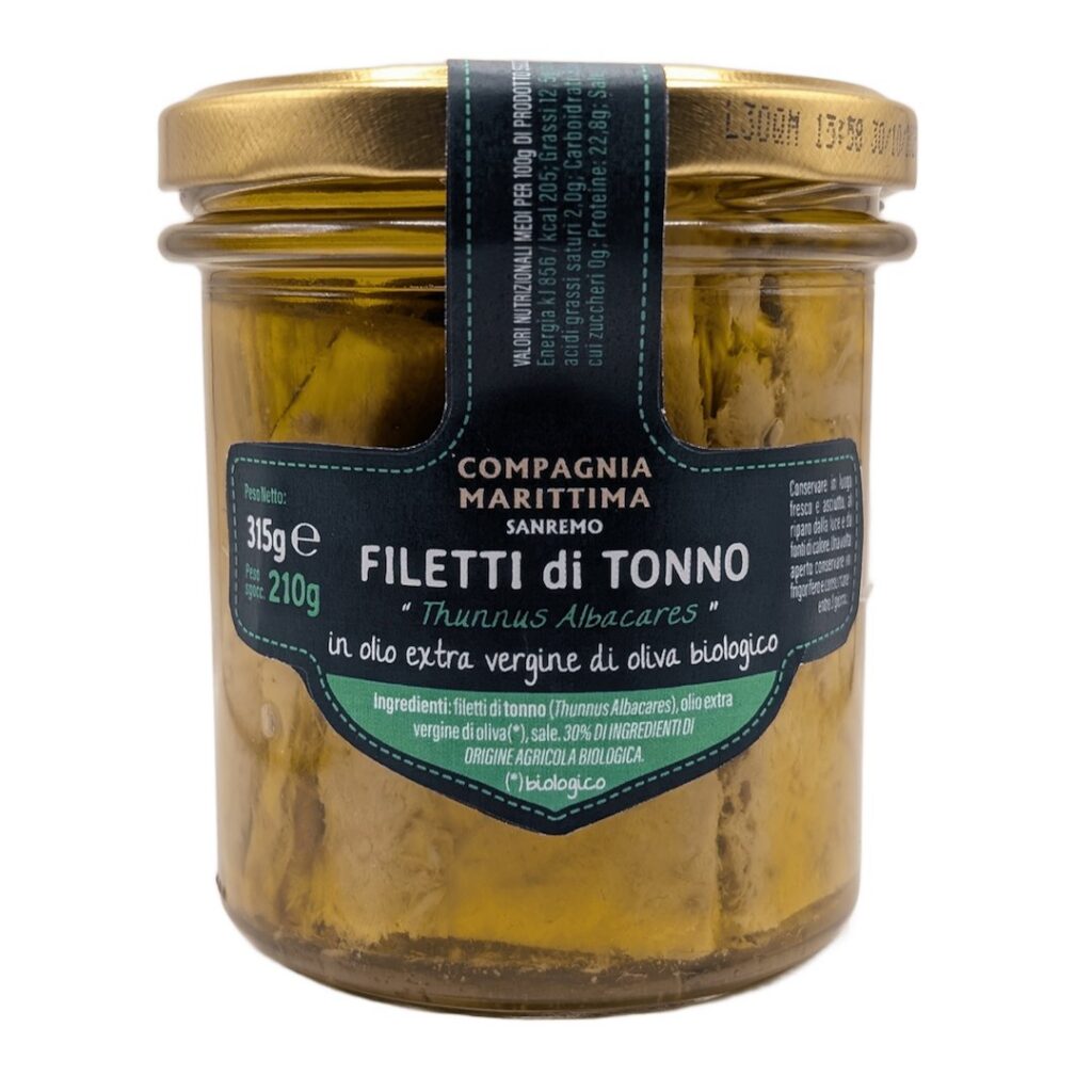 TUŃCZYK ŻÓŁTOPŁETWY FILETY W BIO OLIWIE Z OLIWEK EXTRA VIRGIN 315 g (SŁOIK) - COMPAGNIA MEDITERRANEA