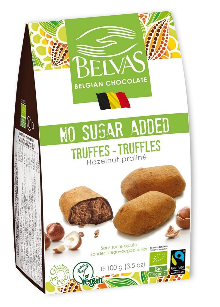 CZEKOLADKI BELGIJSKIE TRUFLE Z ORZECHAMI LASKOWYMI BEZ DODATKU CUKRÓW FAIR TRADE BEZGLUTENOWE BIO 100 g - BELVAS