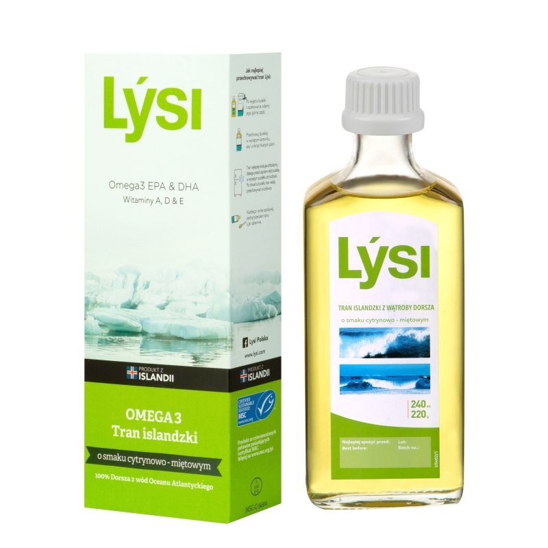 TRAN ISLANDZKI MSC OMEGA-3 (1080 mg) O SMAKU CYTRYNOWO - MIĘTOWYM 240 ml - LYSI