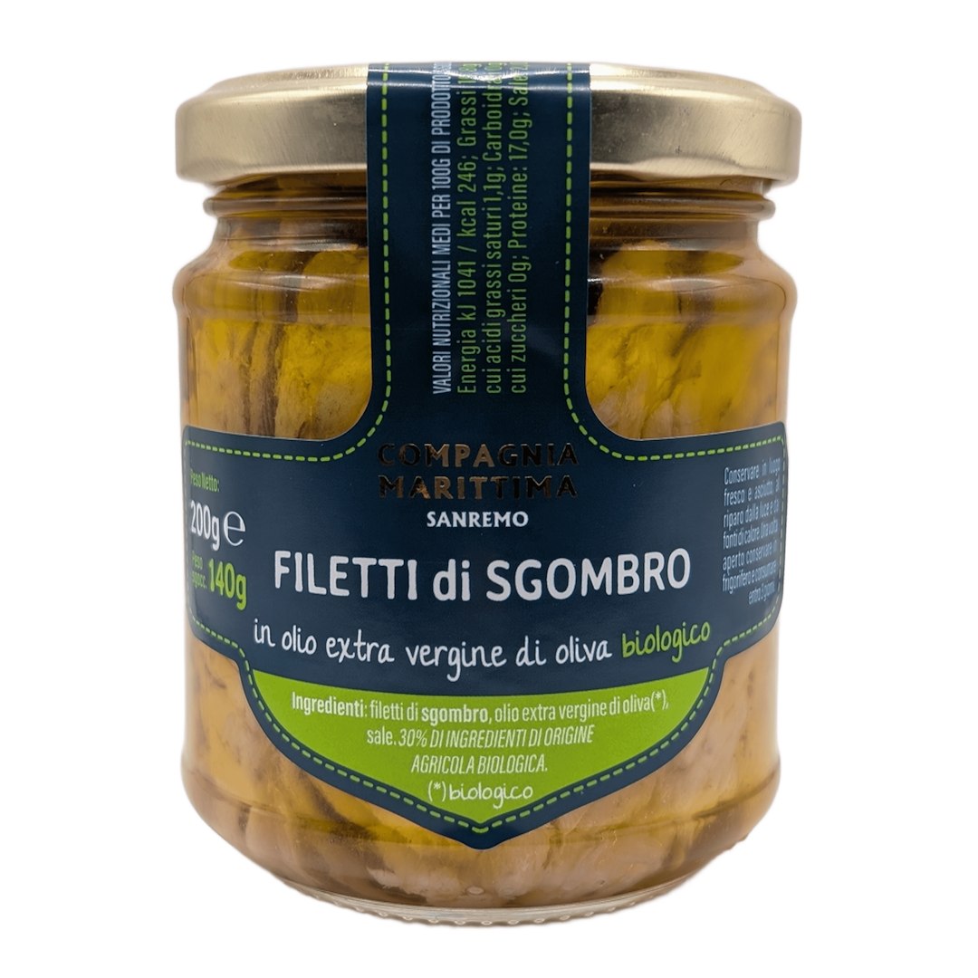 MAKRELA FILETY W BIO OLIWIE Z OLIWEK EXTRA VIRGIN 200 g (SŁOIK) - COMPAGNIA MARITTIMA SANREMO