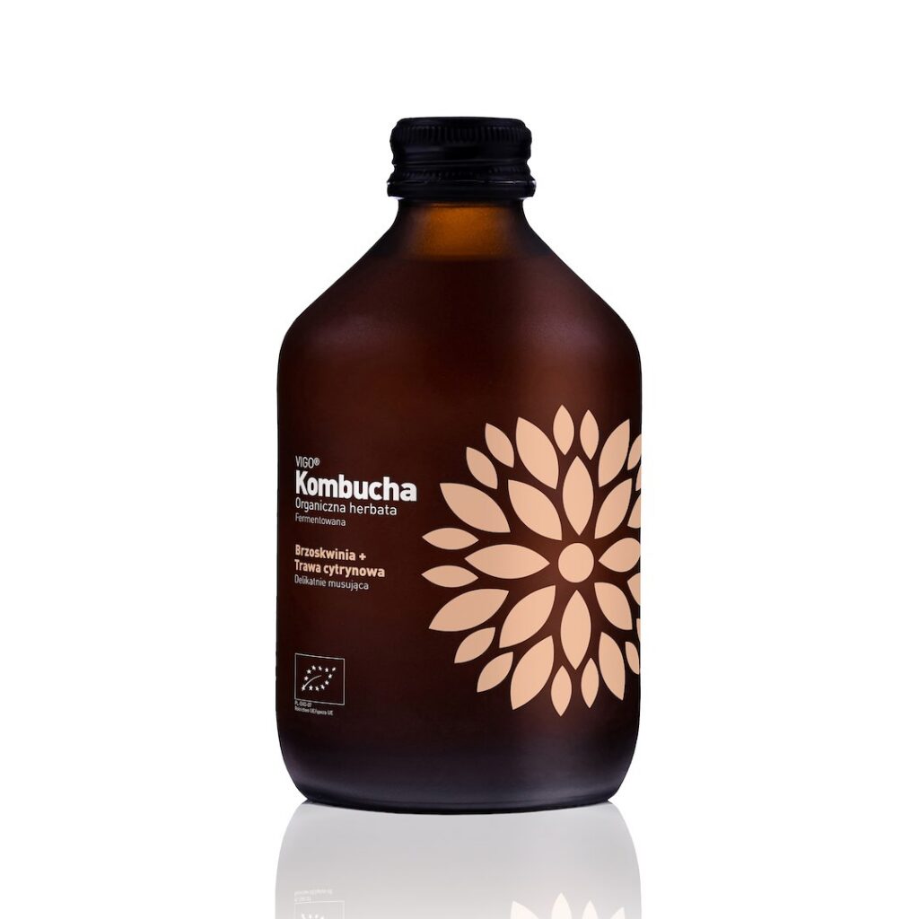 KOMBUCHA Z BRZOSKWINIĄ I TRAWĄ CYTRYNOWĄ BEZGLUTENOWA BIO 330 ml - VIGO