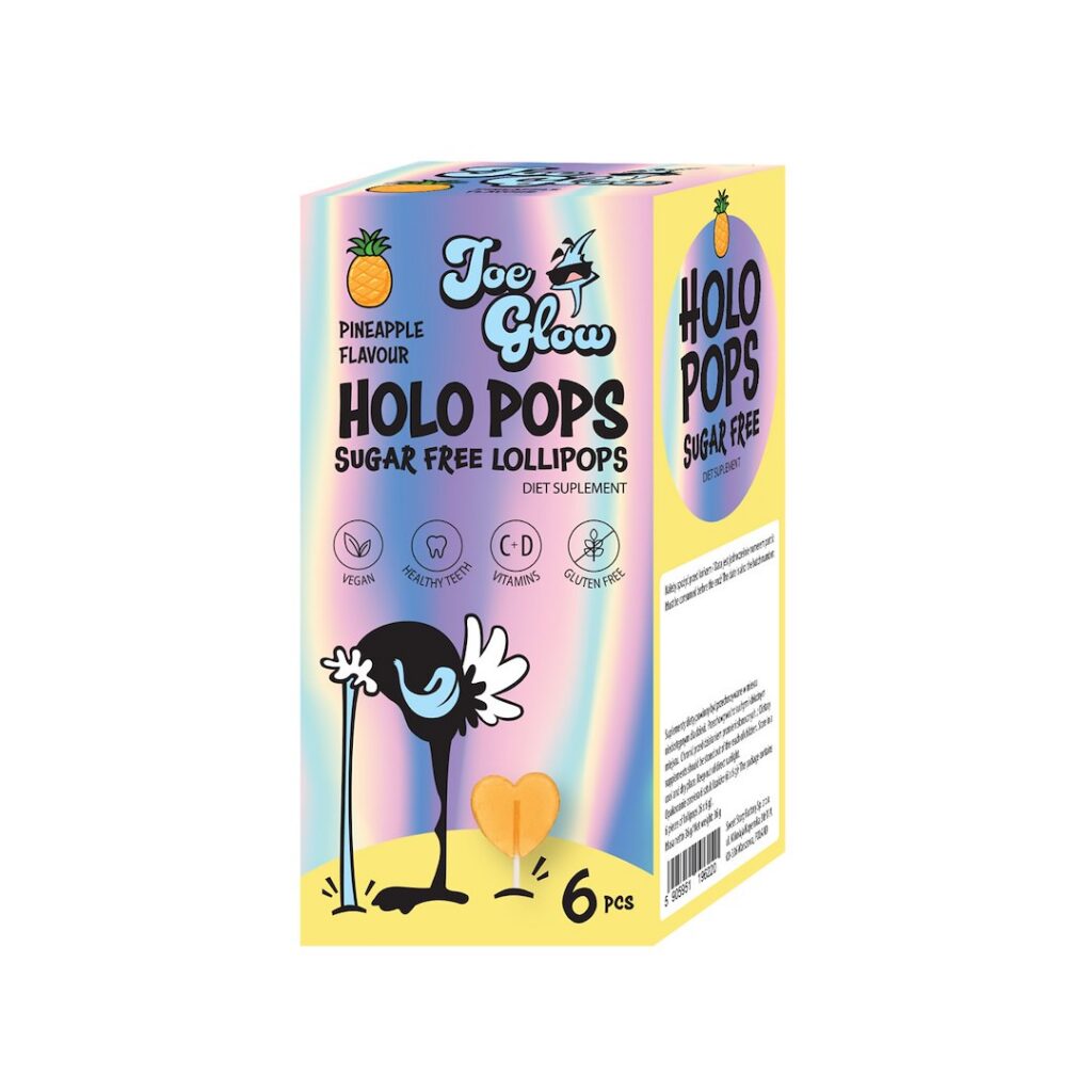 LIZAK HOLO POPS O SMAKU ANANASOWYM BEZ CUKRU BEZGLUTENOWY (6 szt.) 36 g - JOE GLOW